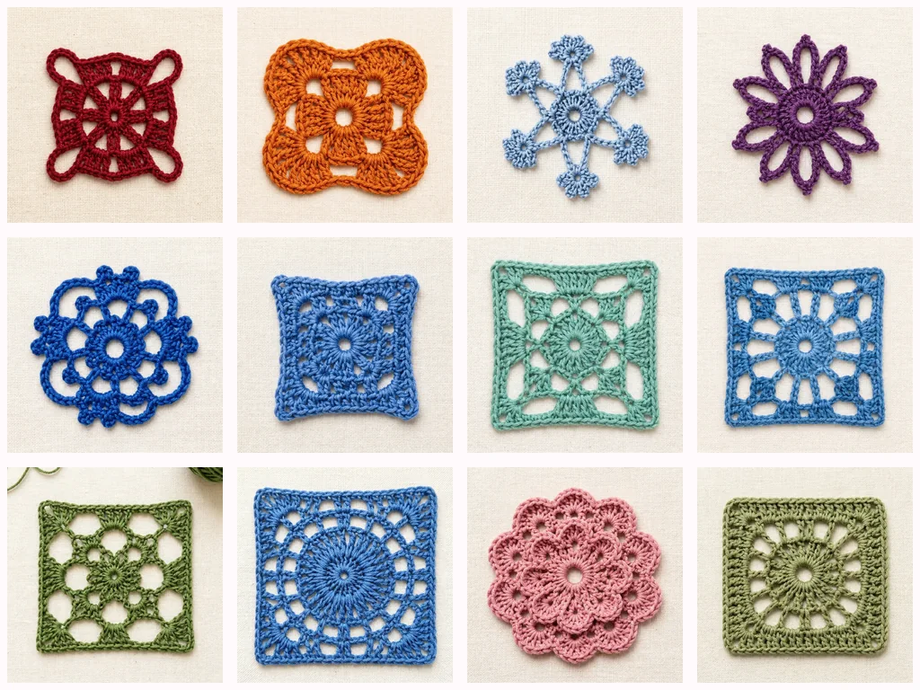 Collection of colorful free crochet motifs on ivory background