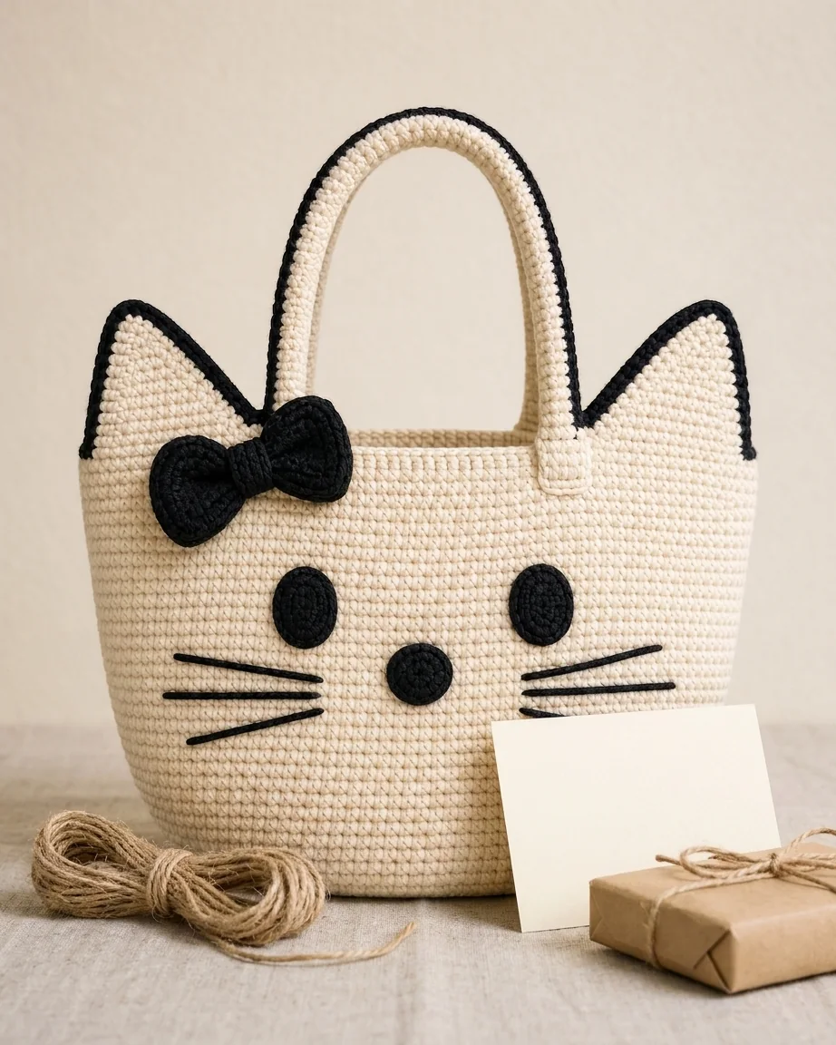 Birthday featuring the cream and black crochet cat-face bow bag