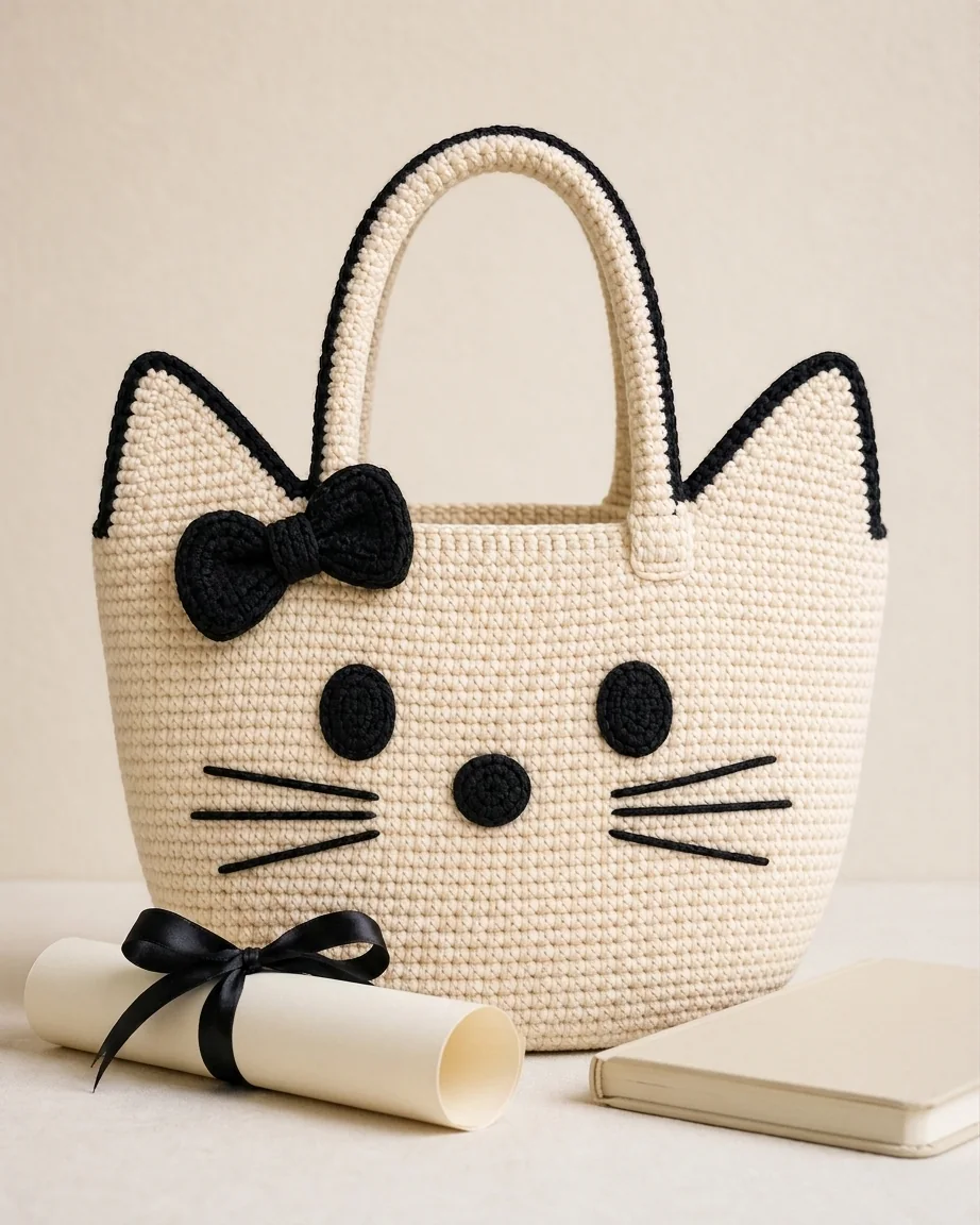 Graduation featuring the cream and black crochet cat-face bow bag