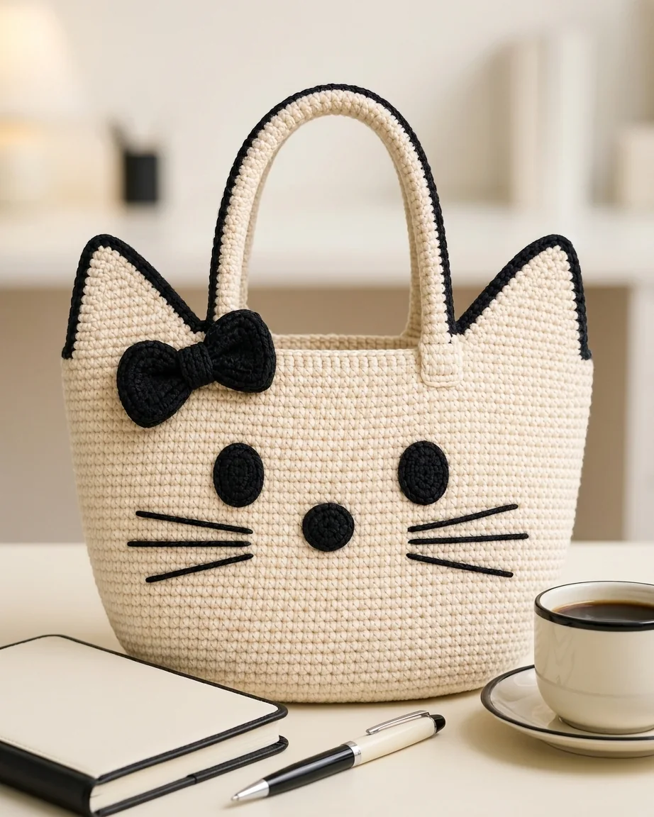 New Job or Promotion featuring the cream and black crochet cat-face bow bag