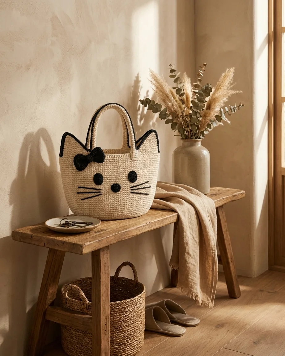 Housewarming featuring the cream and black crochet cat-face bow bag