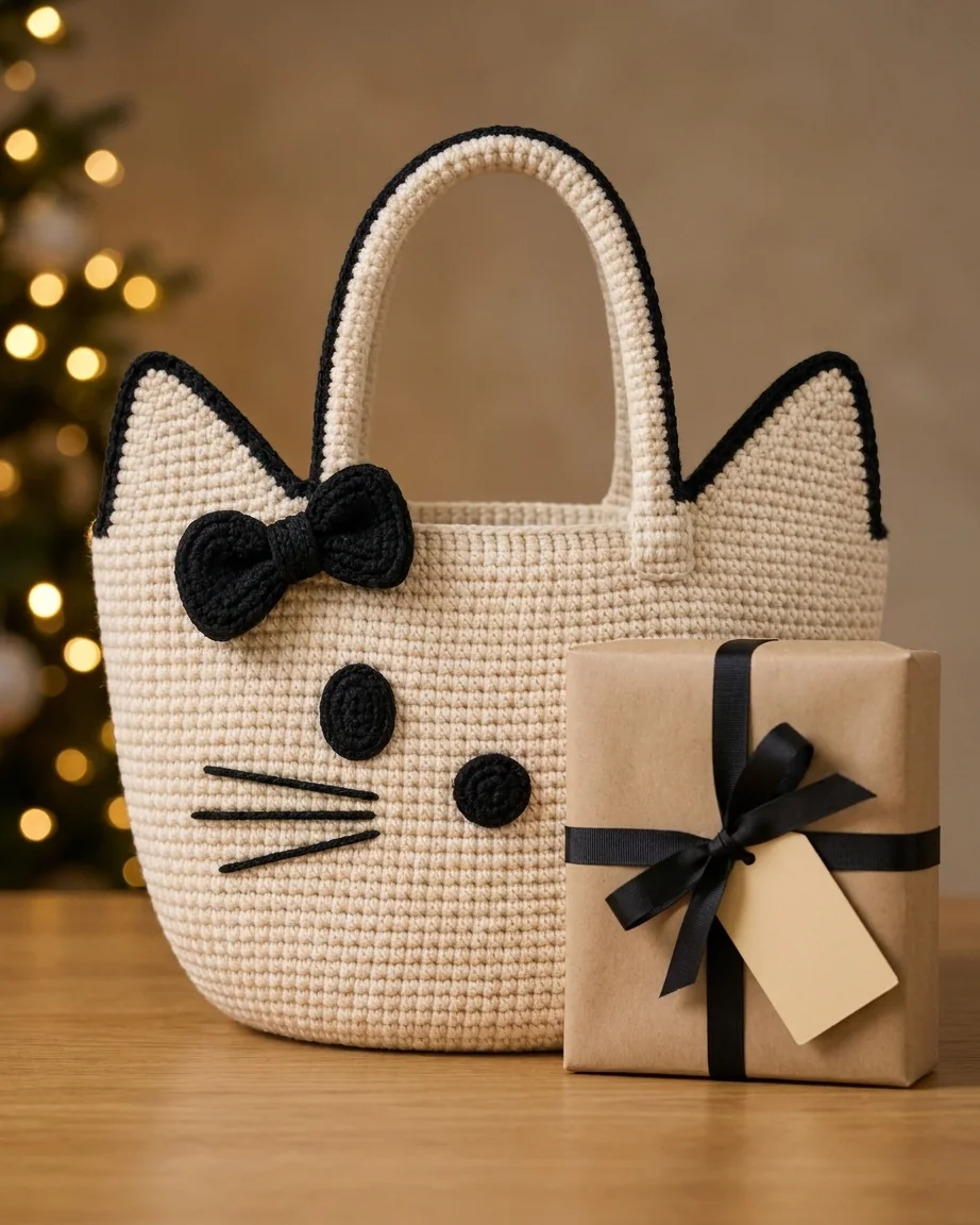 Holiday Secret Santa featuring the cream and black crochet cat-face bow bag