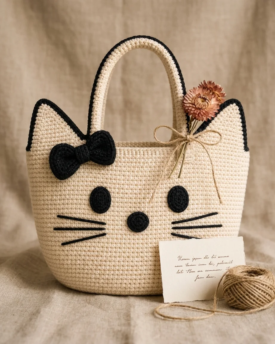 Just Because featuring the cream and black crochet cat-face bow bag