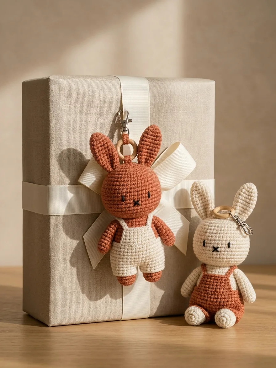 A Handmade Addition to a Larger Gift with a rust and cream crochet bunny keychain