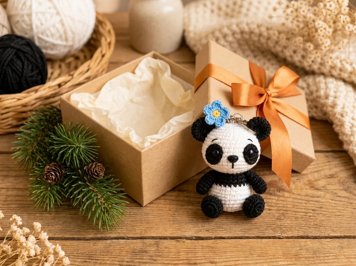 Pocket Panda keychain beside a wrapped holiday gift