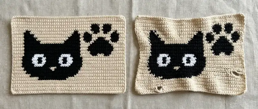 Side-by-side comparison of good and poor crochet tension in a cat tote panel
