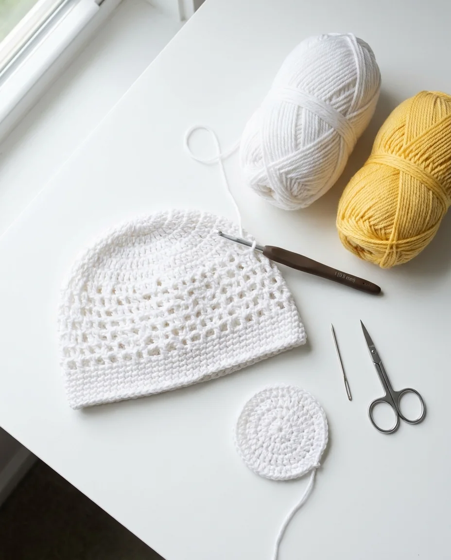 handmade crochet baby hat gift with white yarn and yellow flower
