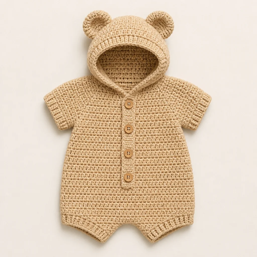 Honey Bear hooded crochet baby romper in warm beige