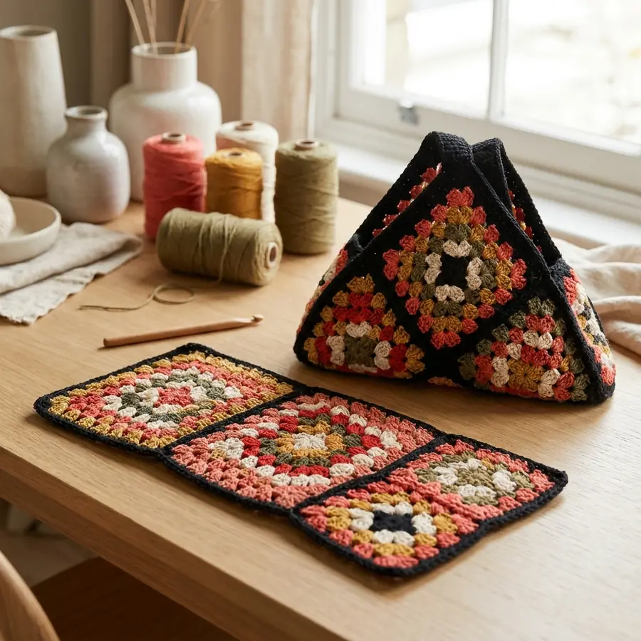 Crochet triangle motif pinned to a 6 cm equilateral template for blocking
