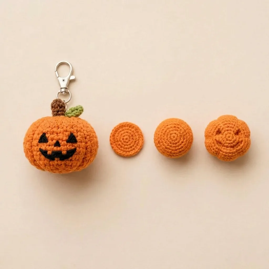 Jack-o-lantern crochet keychain pattern shown from flat circle to sculpted pumpkin
