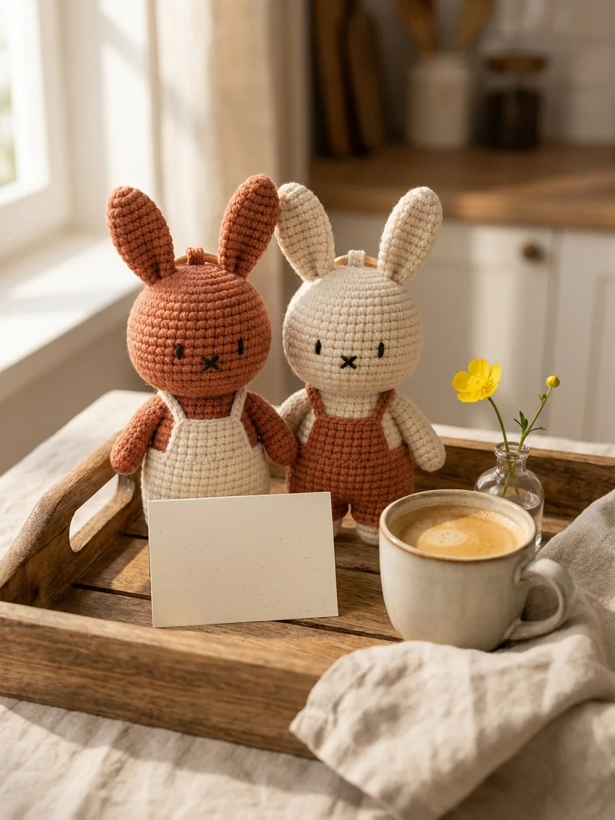 A Just-Because Handmade Surprise with a rust and cream crochet bunny keychain