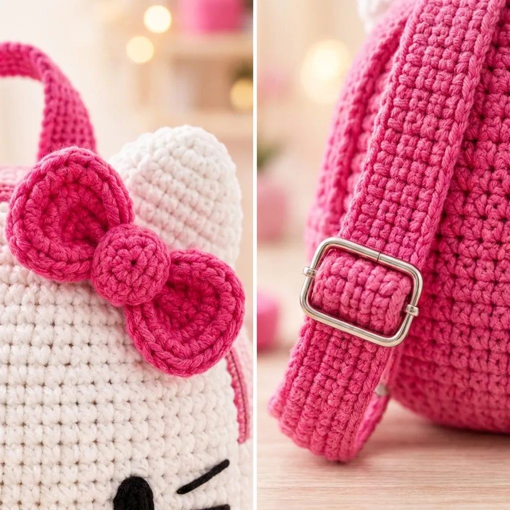 Pink crochet bow and adjustable backpack strap detail