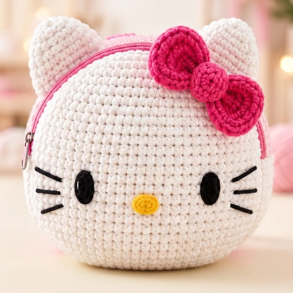 Close view of white kitty crochet face with pink bow
