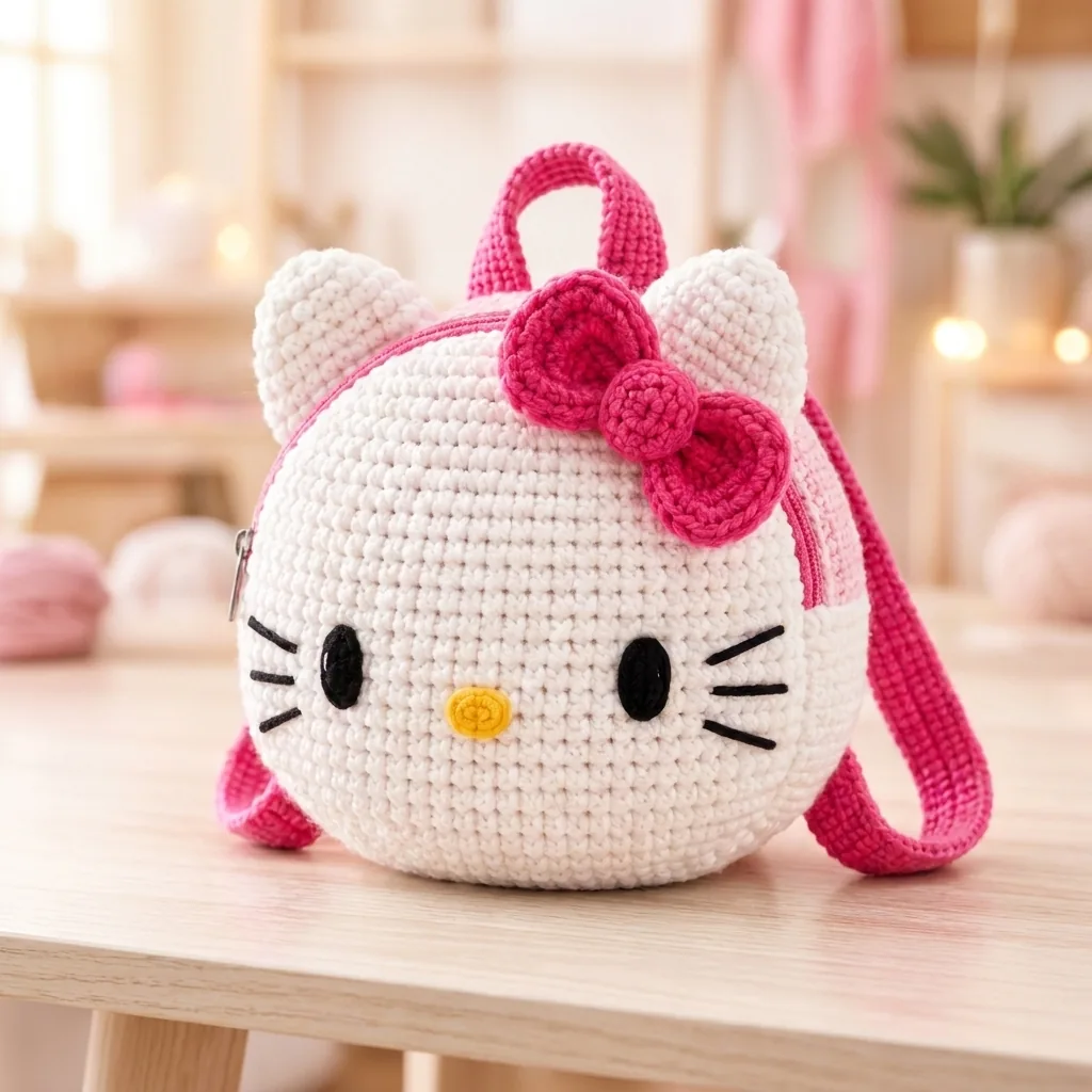 Finished white kitty face crochet backpack with pink bow and straps