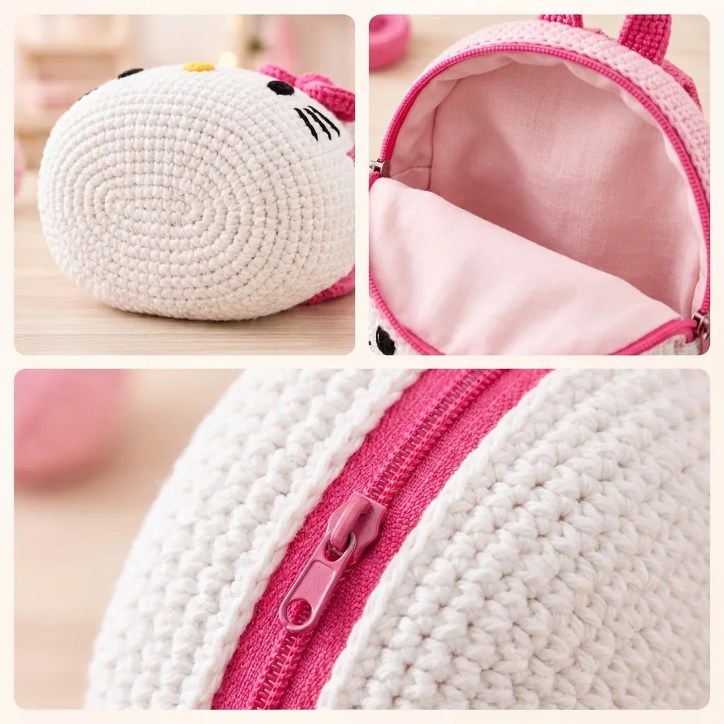 Crochet backpack base, pink lining, and zipper construction details