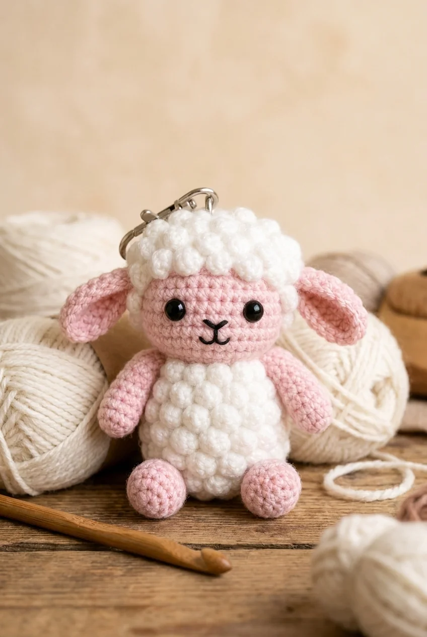 crochet lamb pink and white lamb keychain