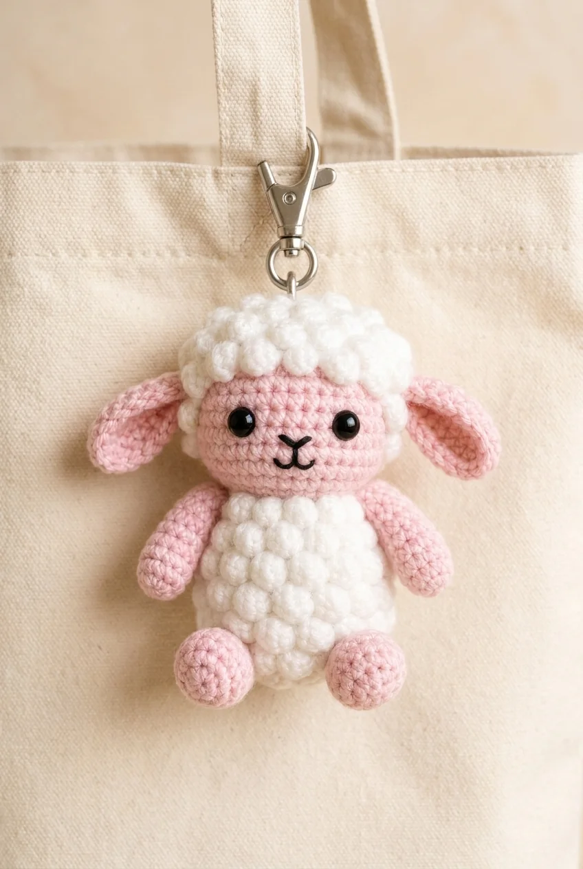 crochet sheep face pink and white lamb keychain