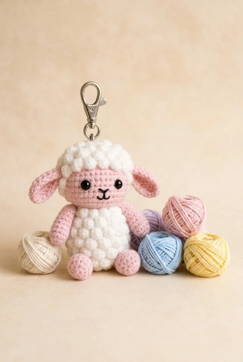 crochet lamb colors pink and white lamb keychain