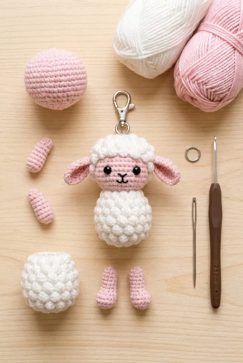 crochet lamb pink and white lamb keychain