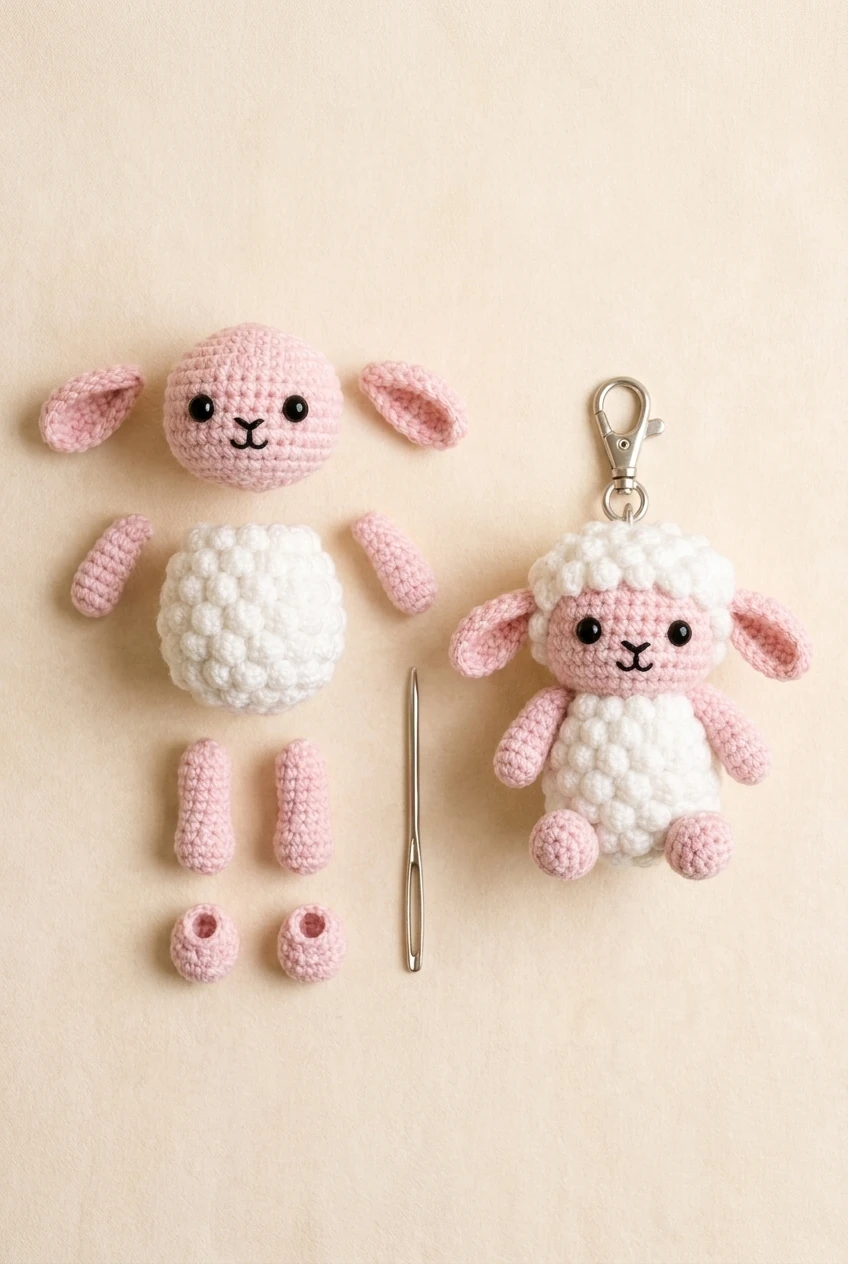 six-stage crochet lamb assembly sequence
