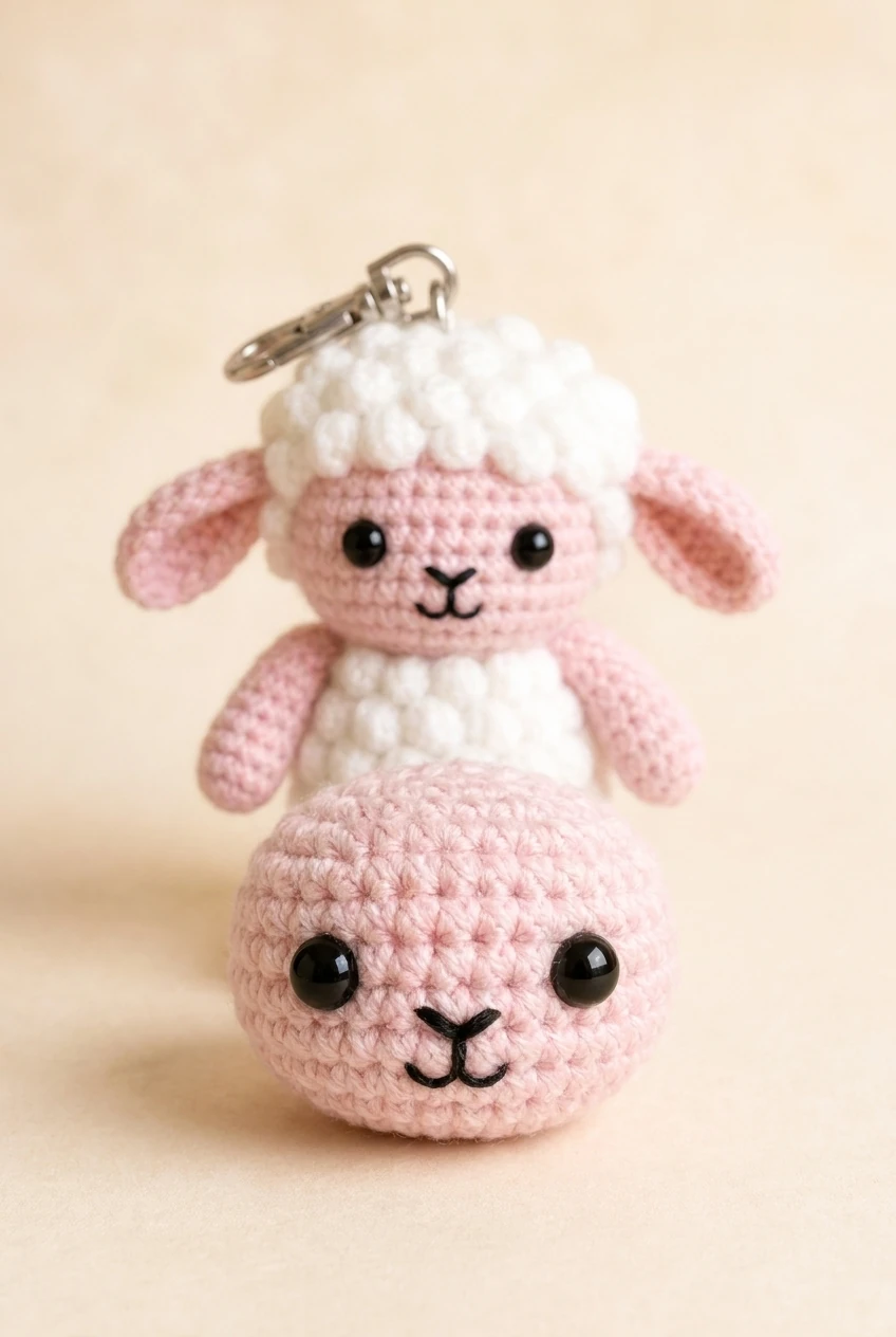 completed pastel pink crochet lamb head with eyes and embroidered face