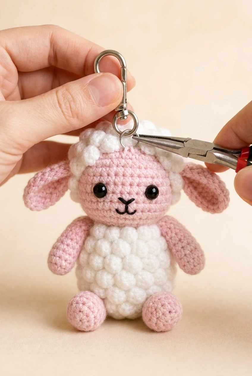 reinforced crochet lamb keychain hardware attachment