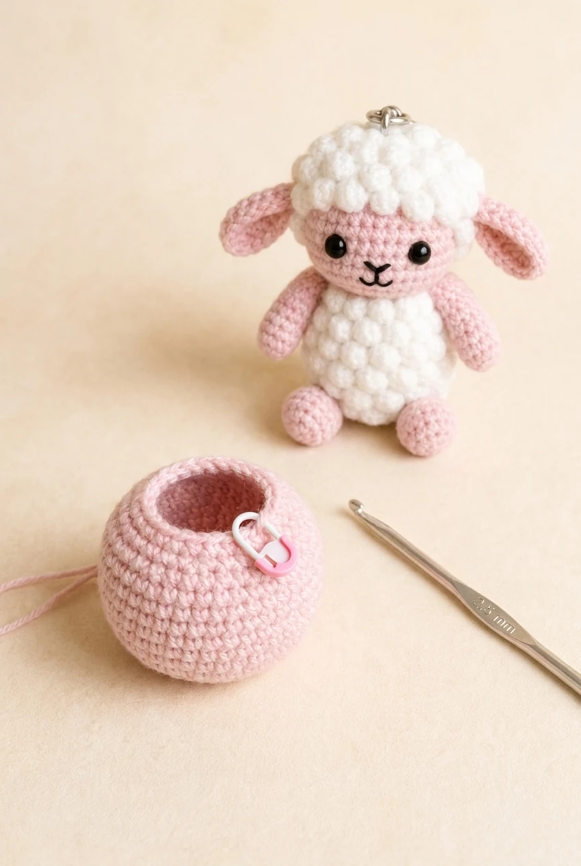 crochet lamb head progression and eye placement