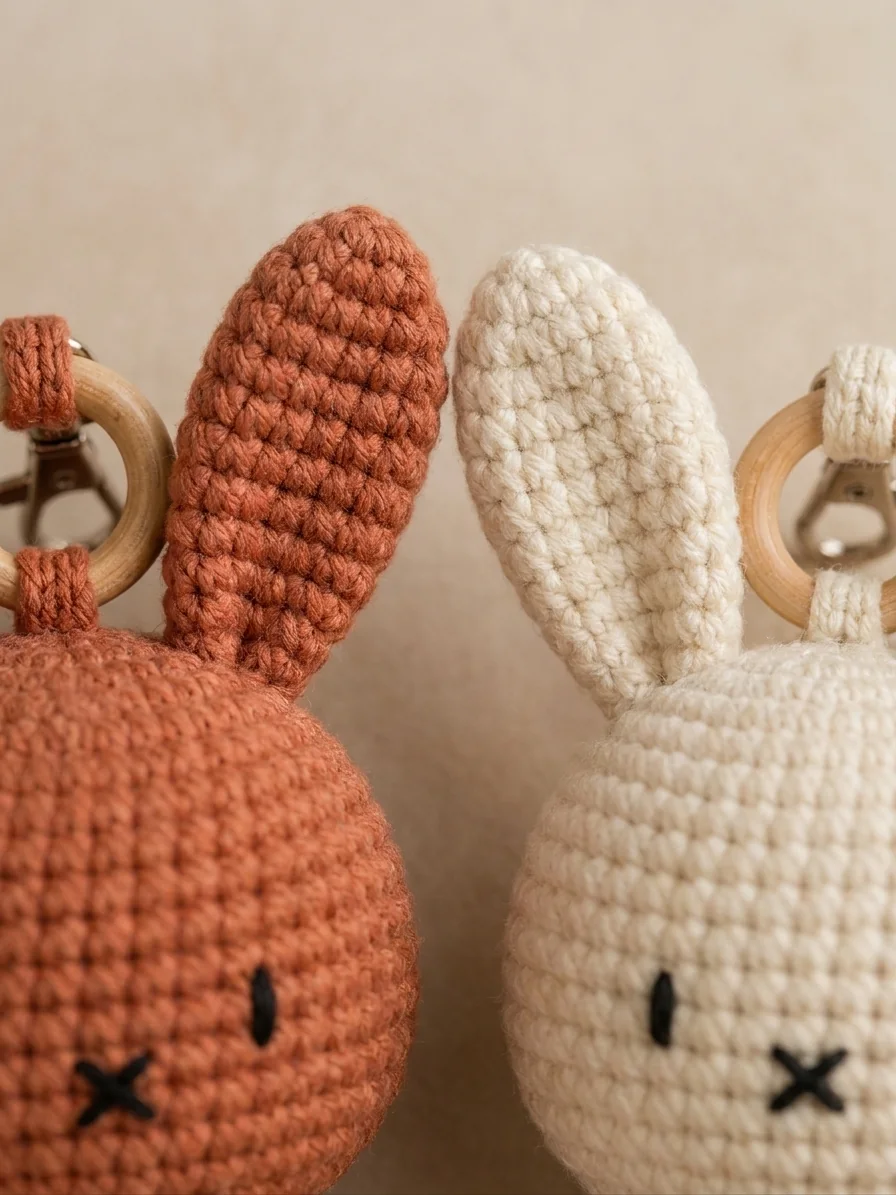 The Long Contrasting Ears with a rust and cream crochet bunny keychain