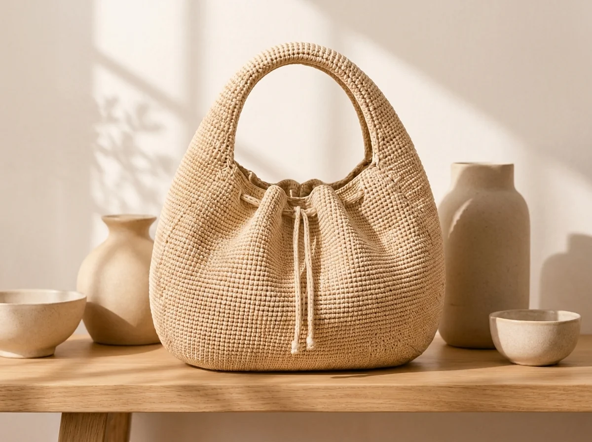 full cream crochet crescent handbag displayed with neutral pottery