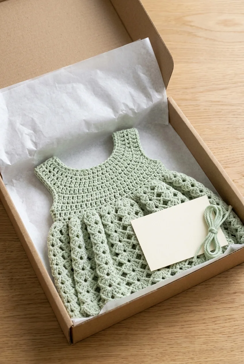 handmade baby shower gift wrapping idea for a crochet dress