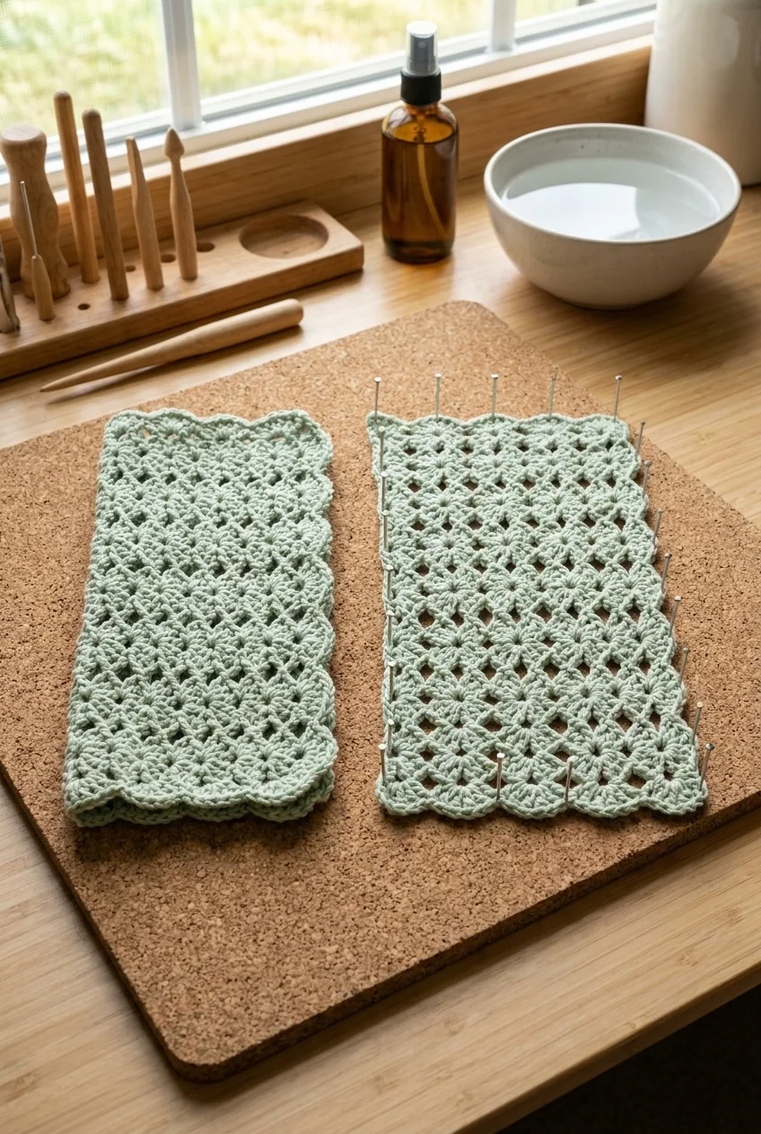 blocking a lace crochet baby dress before and after