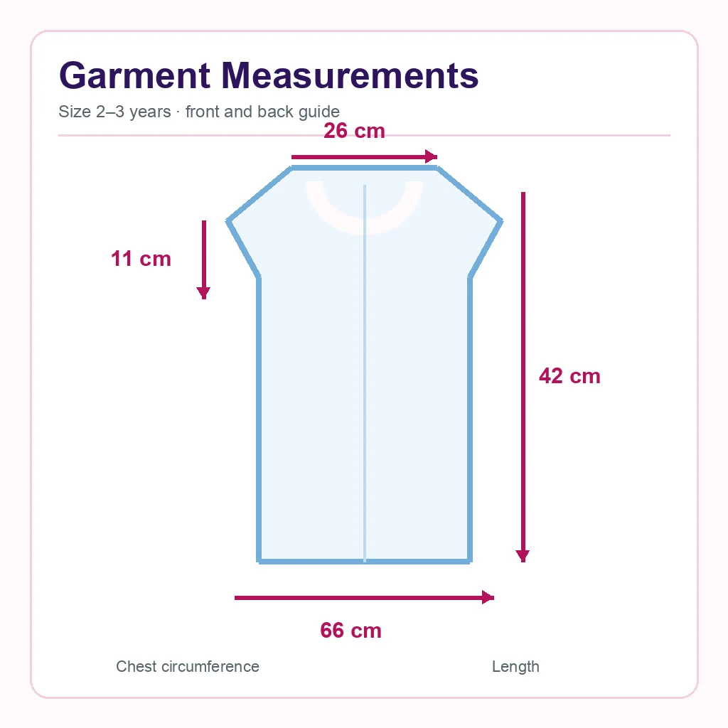 Clean garment schematic with chest length shoulder and armhole measurements