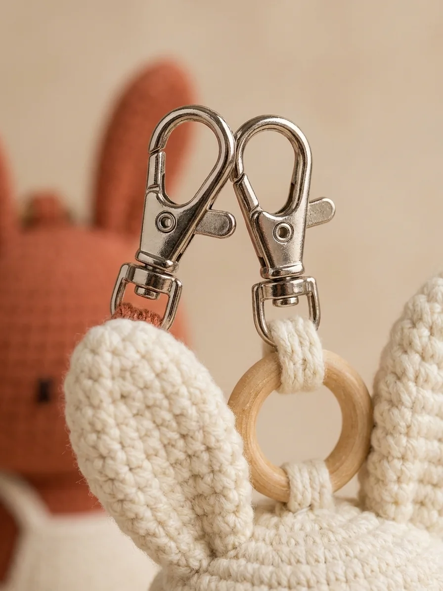 The Metal Keychain Clasp with a rust and cream crochet bunny keychain