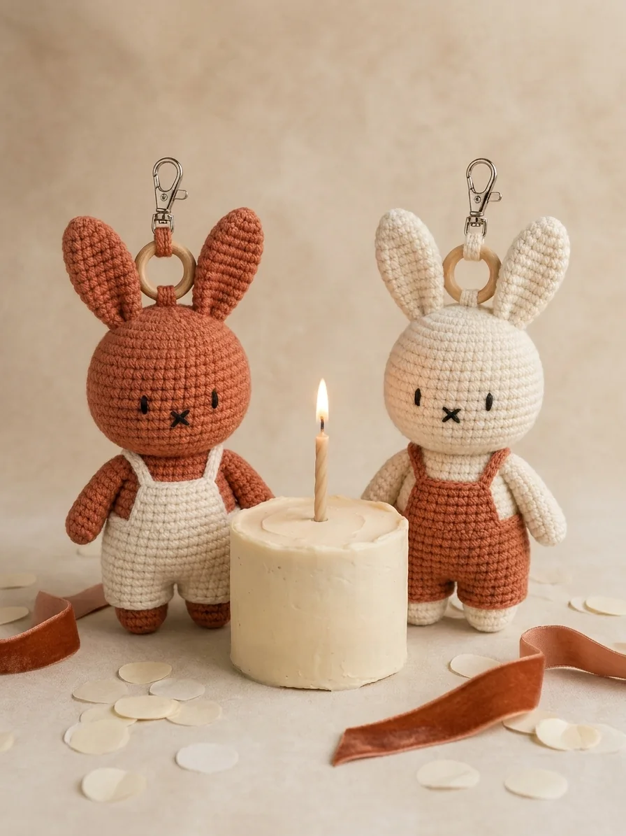 A Small Celebration or Personal Milestone with a rust and cream crochet bunny keychain