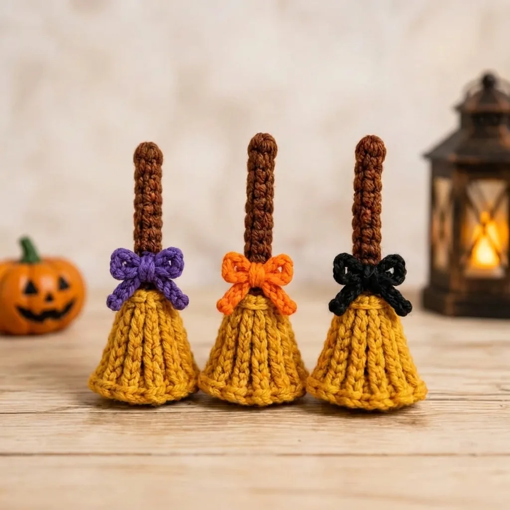 Three finished mini crochet broomsticks with purple orange and black bows