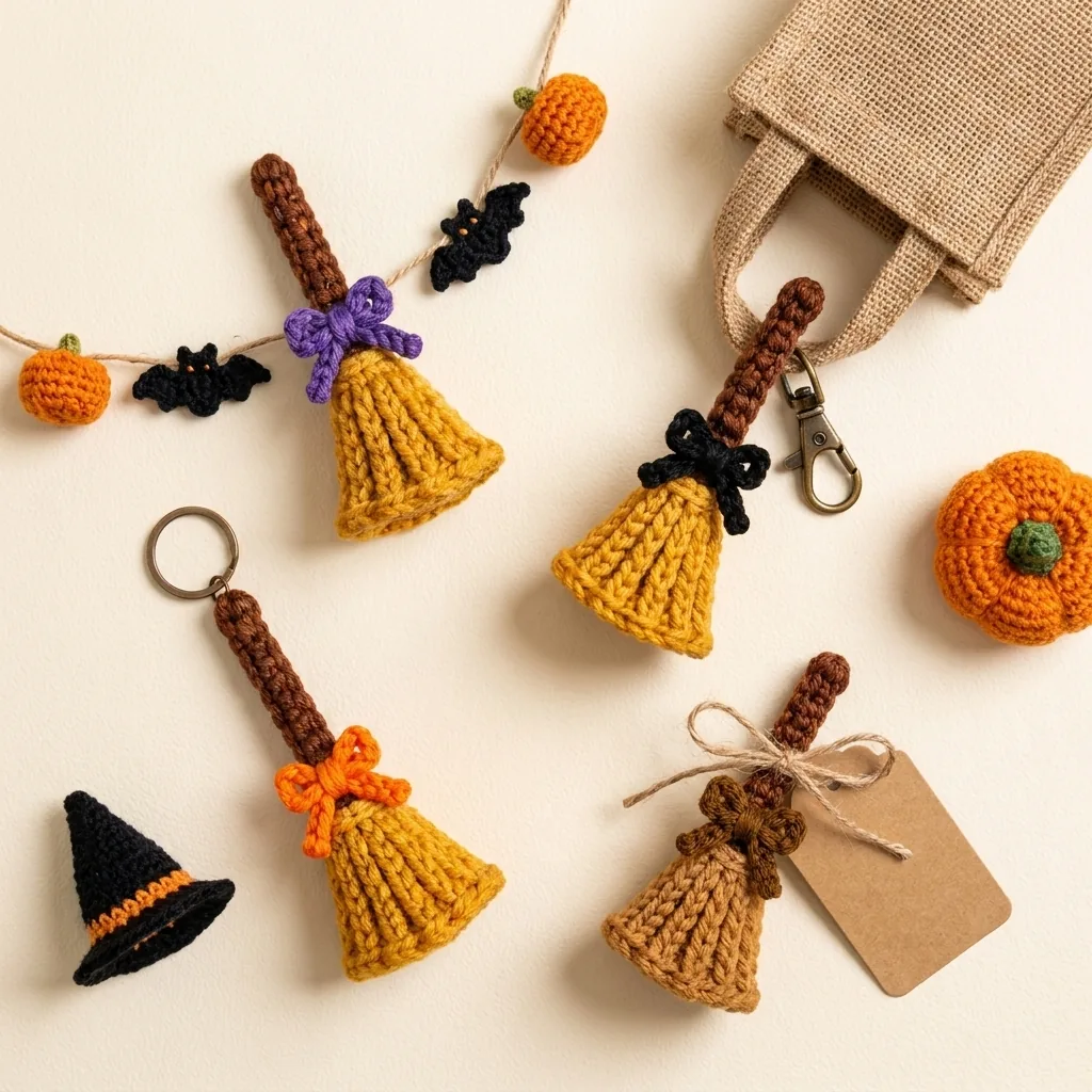 Mini crochet broomsticks used as a garland keychain bag charm and gift tag