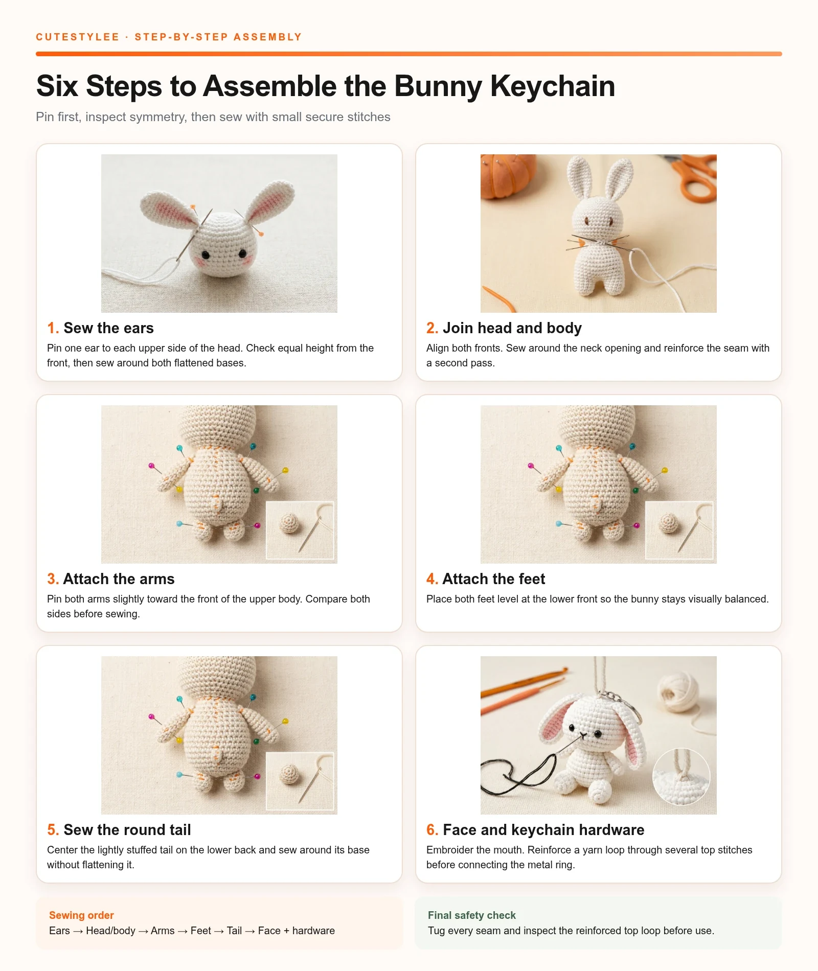 English six-step visual assembly chart for the complete bunny keychain