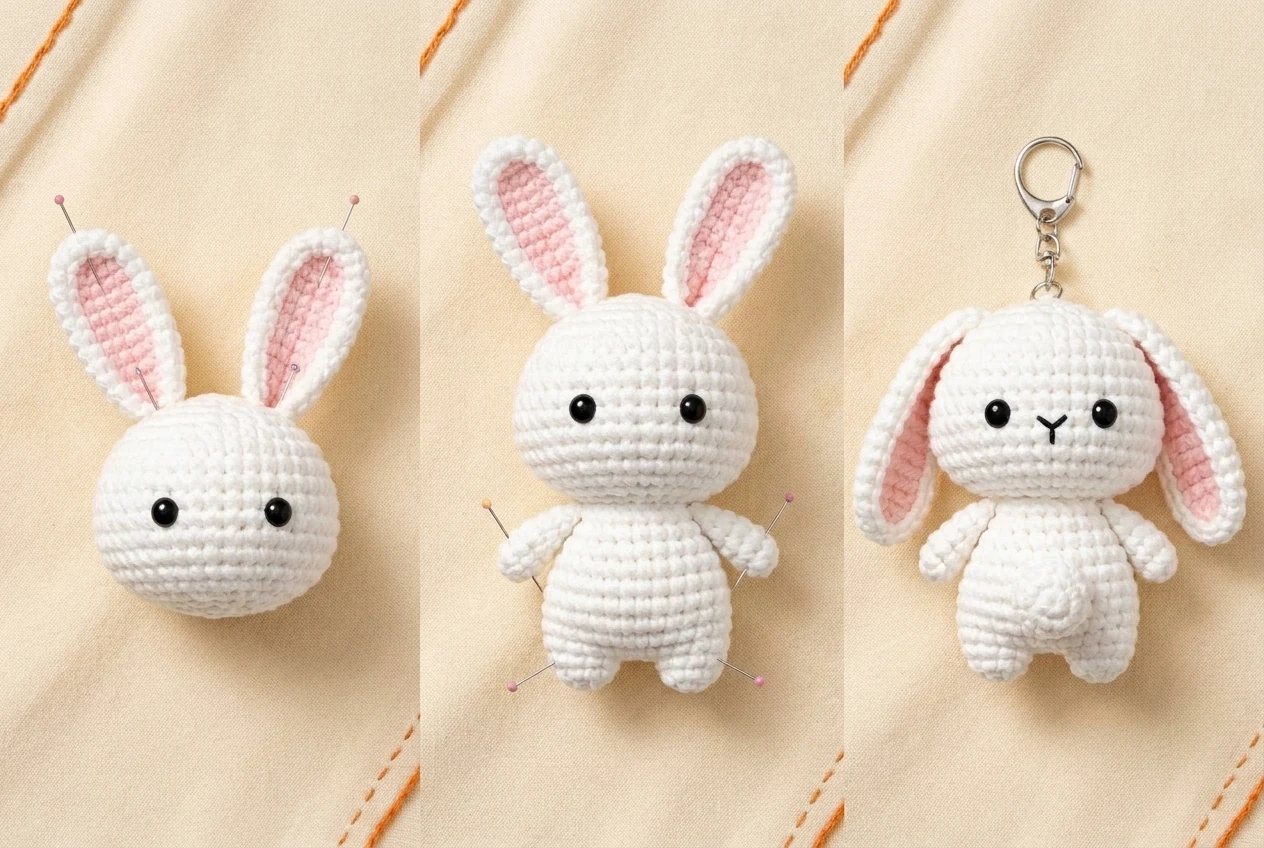 Three photographic checkpoints for assembling the mini bunny keychain