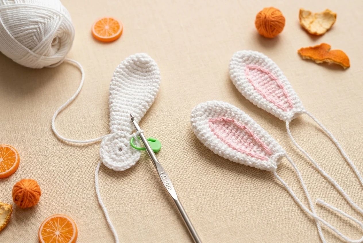 Mini bunny ear progression with two matching flattened ears and sewing tails