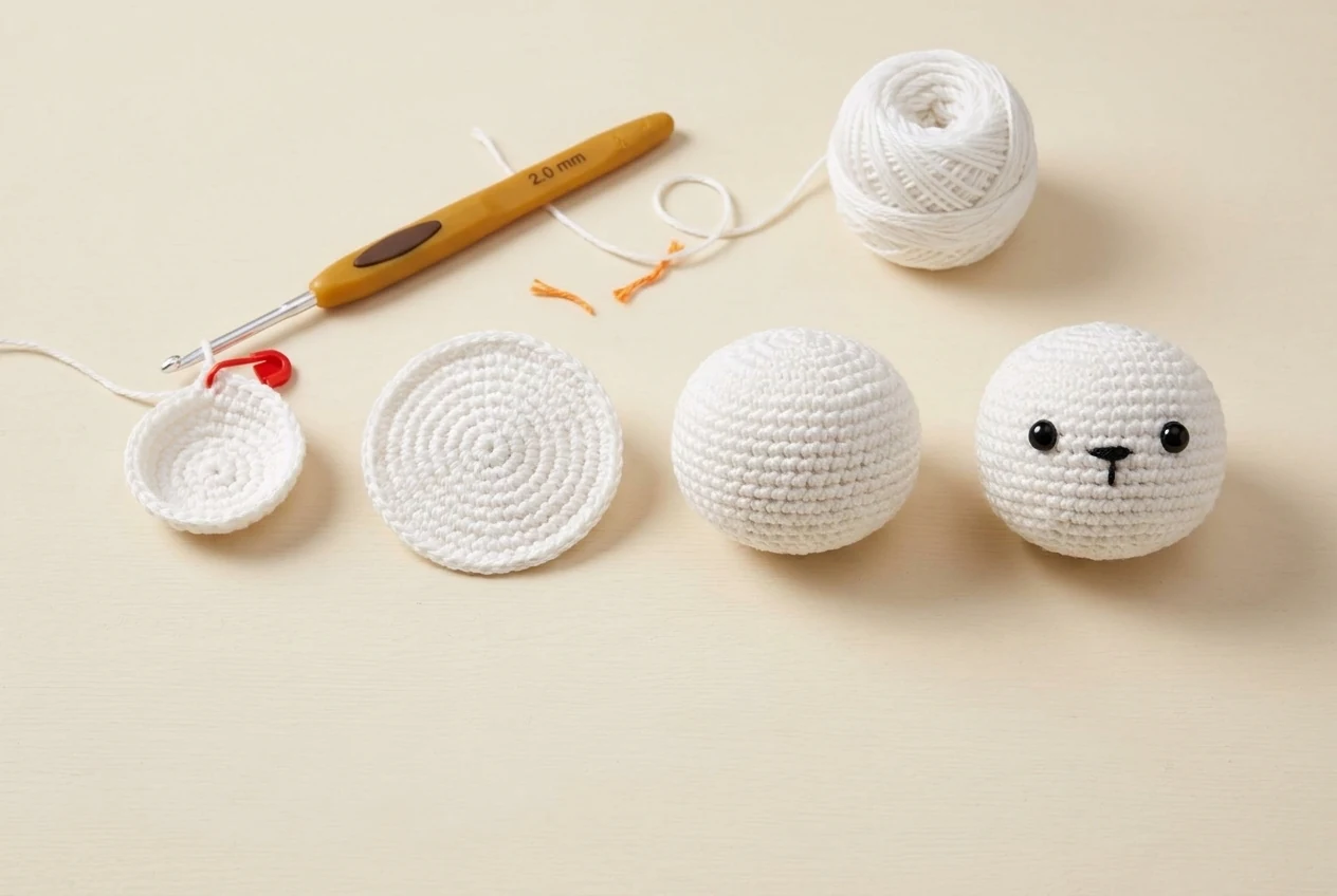 Head crochet progression from magic ring through increases, stuffing and decreases