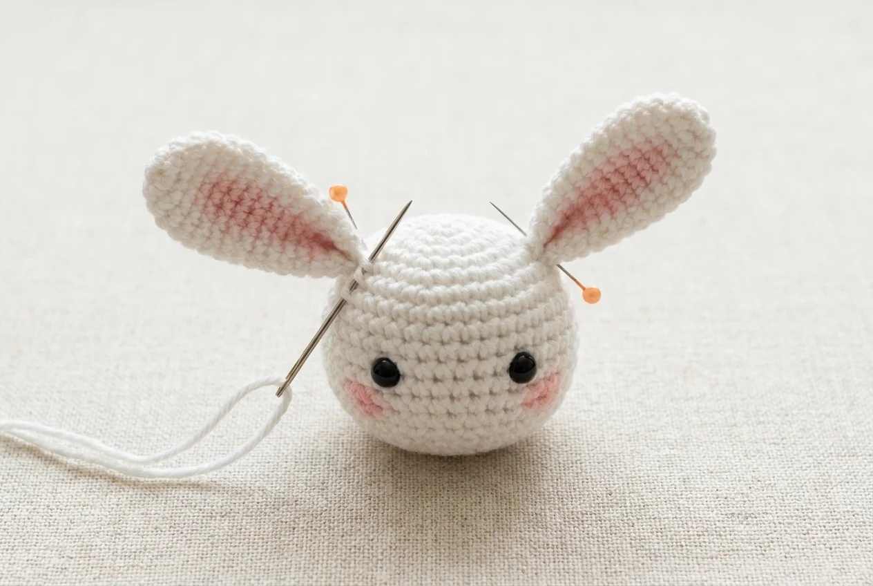 Step 1 pin and sew both bunny ears symmetrically to the head