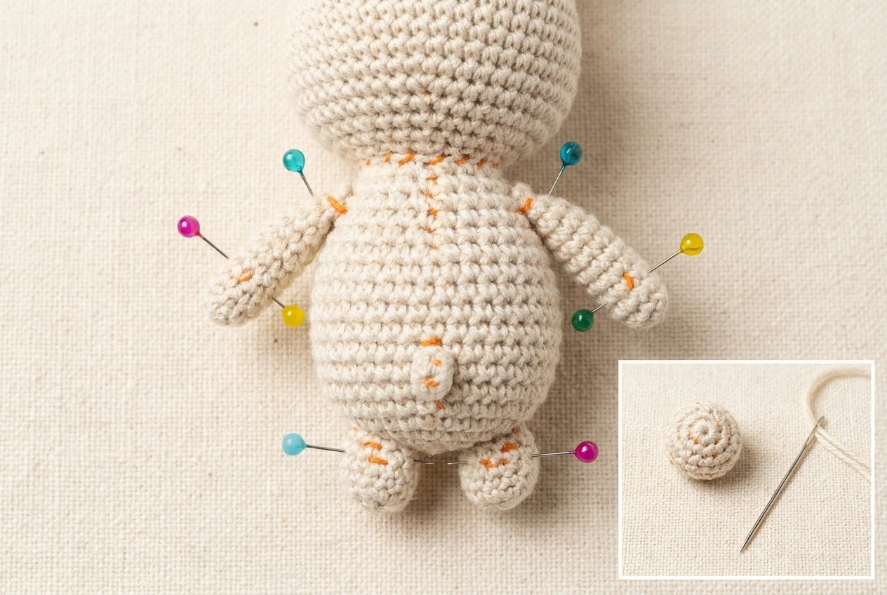 Step 3 pin both small arms evenly to the upper sides of the body