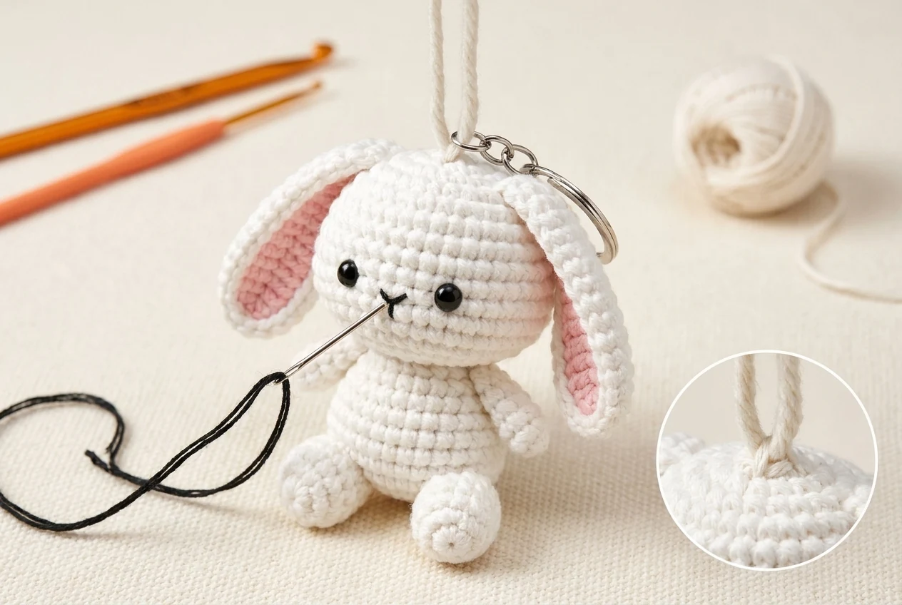 Step 6 embroider the face and reinforce the top loop for keychain hardware