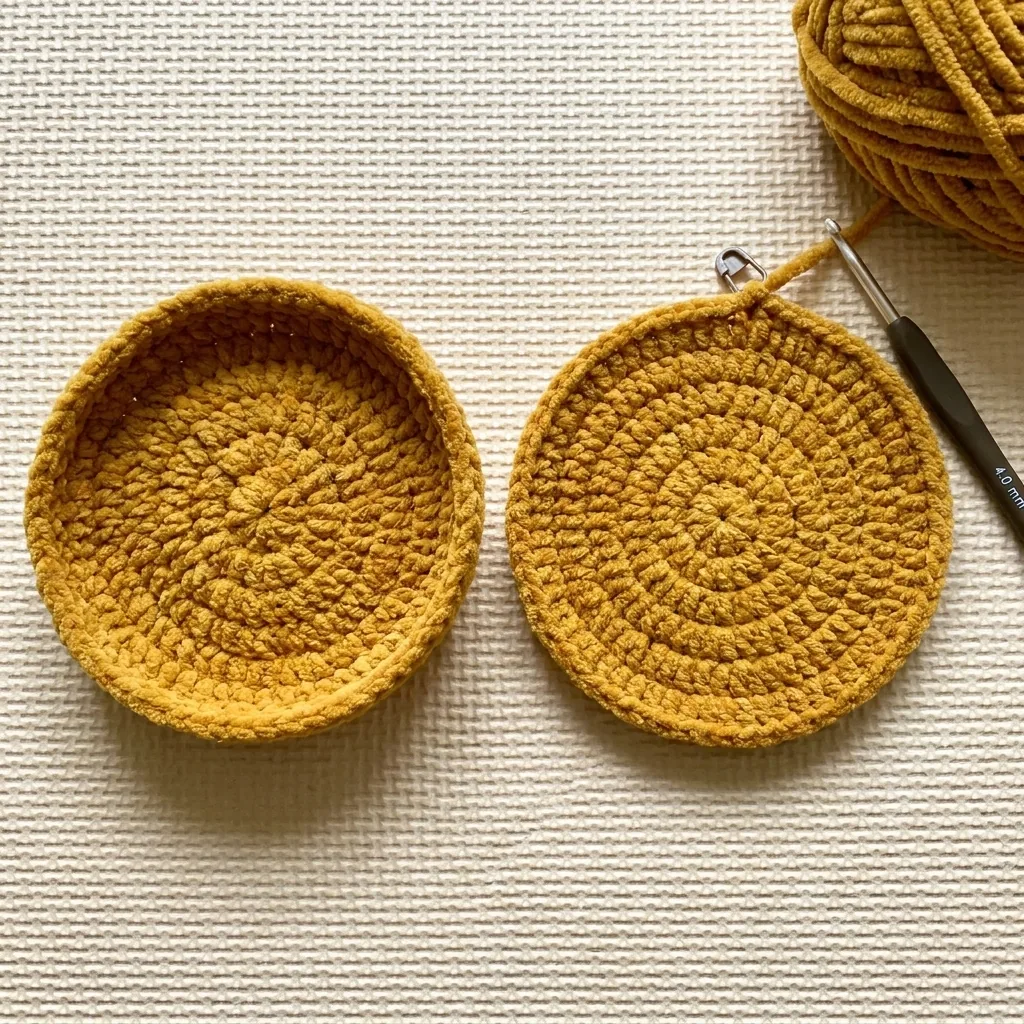 Curled crochet bag base beside a correct flat base