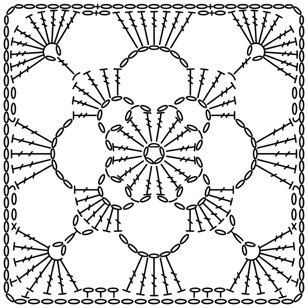 Clean crochet symbol chart for motif 9 Large-Space Floral Square