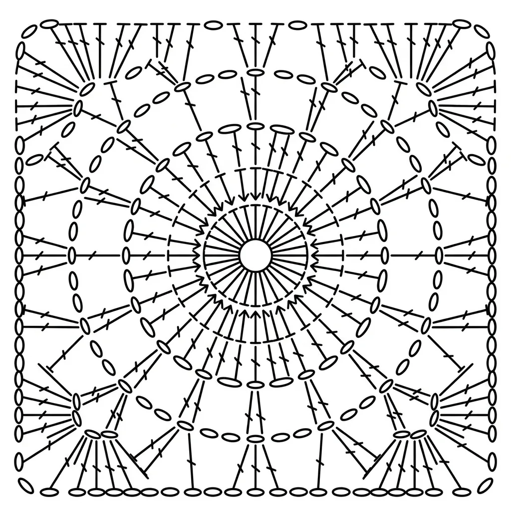 Clean crochet symbol chart for motif 10 Radial Sunburst Granny Square