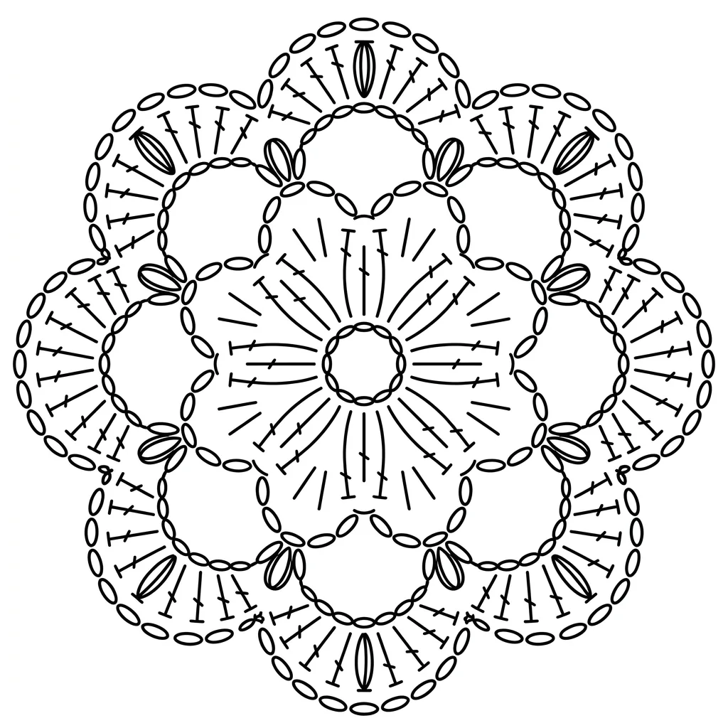 Clean crochet symbol chart for motif 14 Open Scalloped Flower Motif