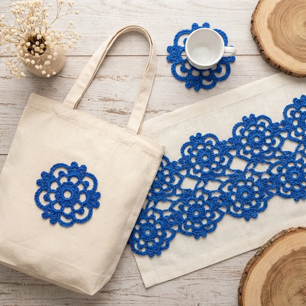 Round blue floral crochet motif used on tote bag table runner and coaster