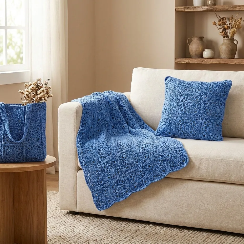 Blue flower granny squares used for blanket cushion and tote bag