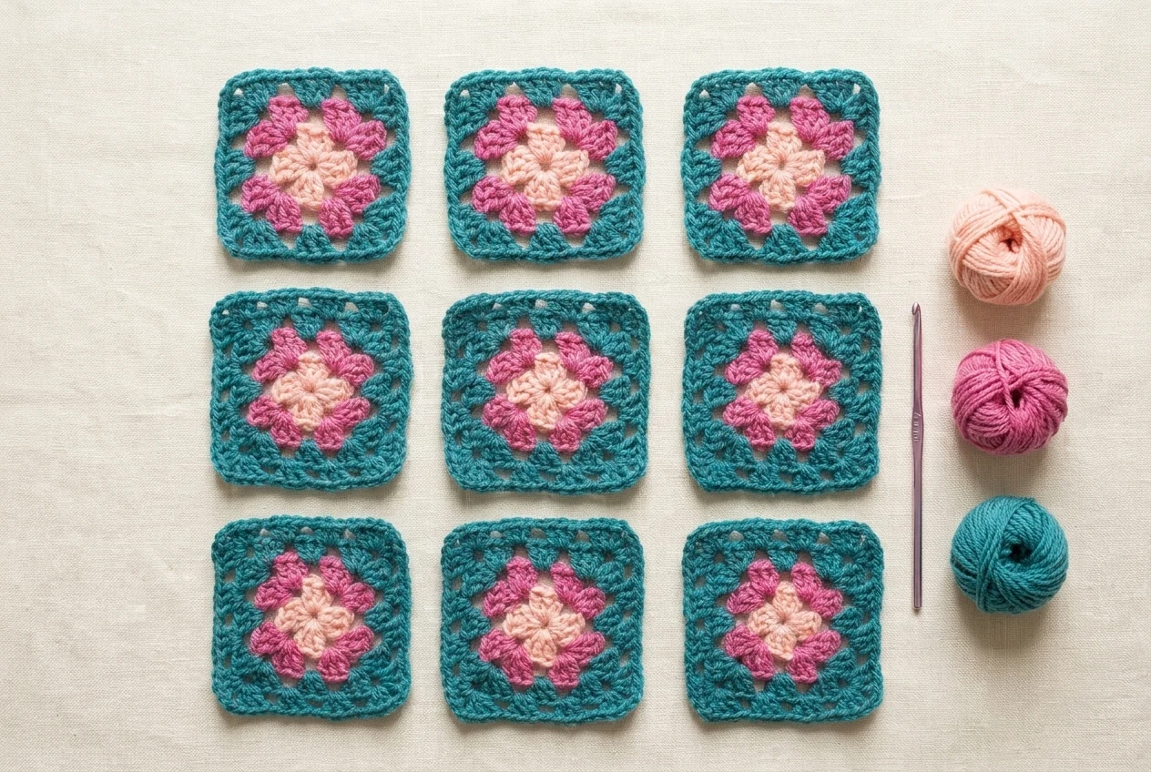 Nine finished salmon pink and teal motifs made with the multi-coloured granny square pattern